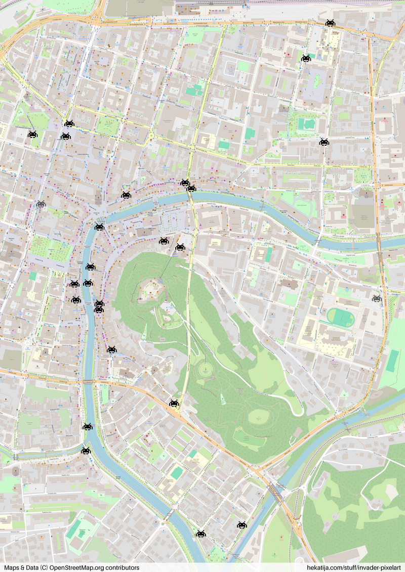 Zemljevid najdenih Invader mozaikov v centru Ljubljane.